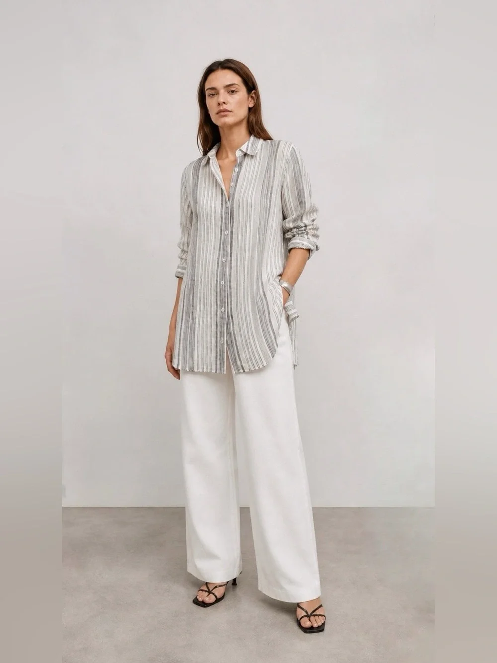 NWT Lafayette 148 linen button down stripe shirt with side button detail - Picture 3 of 10